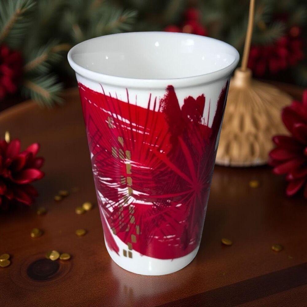 Starbucks 2014 Holiday Latte Mugs Poinsettia Abstract Designs 12oz